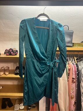 JustFab Teal Long-Sleeve Wrap Dress